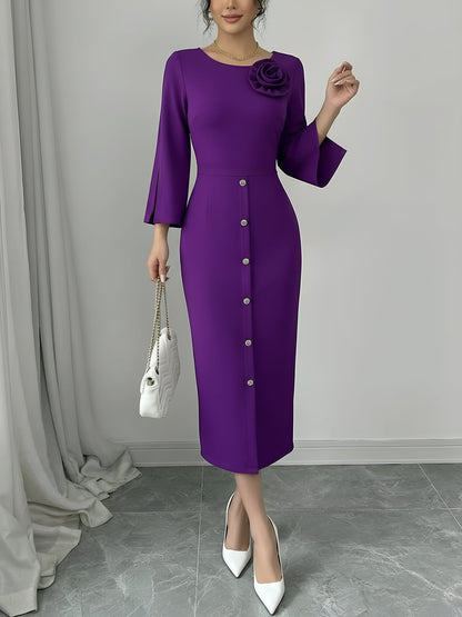 Elegant Bodycon Dress for Women with Round Neck Button Front Elbow Sleeve Style