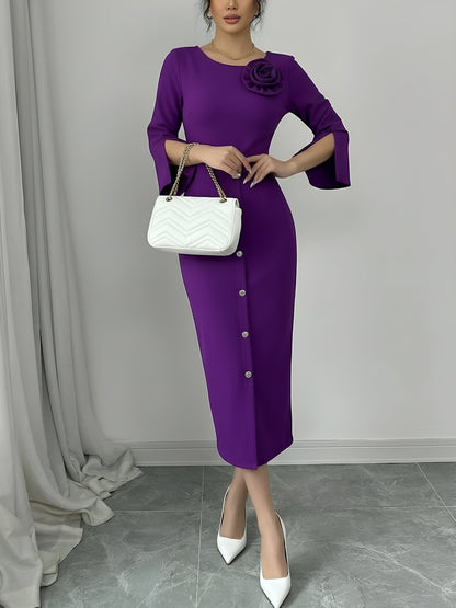 Elegant Bodycon Dress for Women with Round Neck Button Front Elbow Sleeve Style