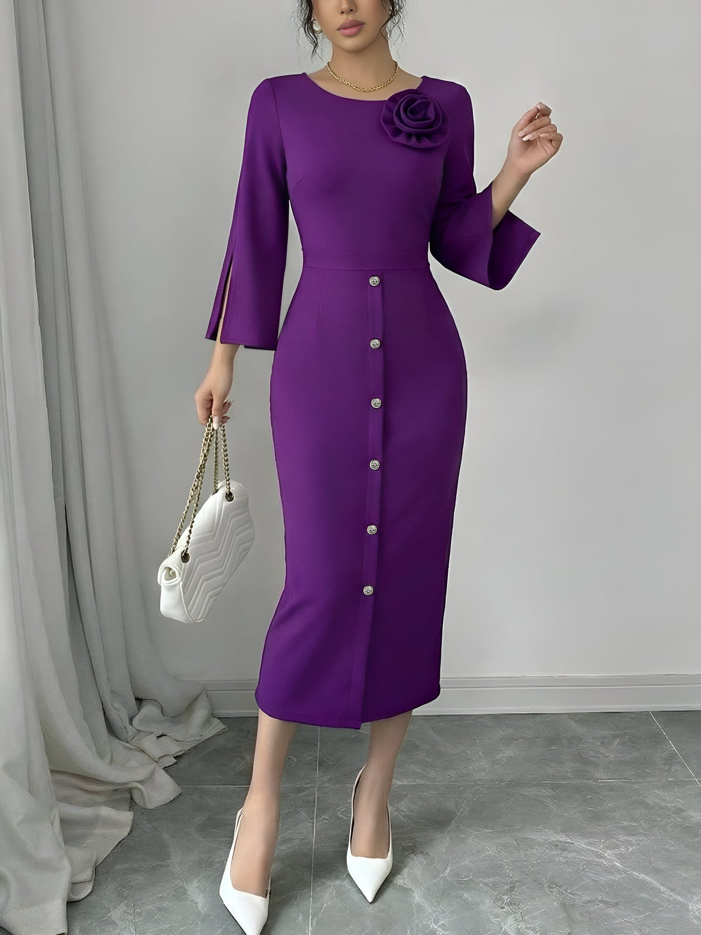 Elegant Bodycon Dress for Women with Round Neck Button Front Elbow Sleeve Style