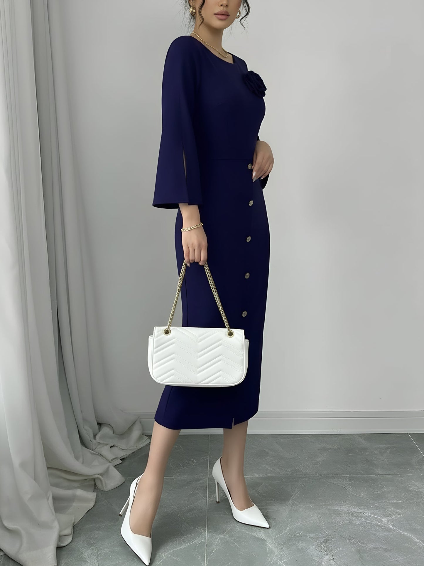 Elegant Bodycon Dress for Women with Round Neck Button Front Elbow Sleeve Style