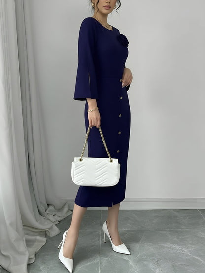 Elegant Bodycon Dress for Women with Round Neck Button Front Elbow Sleeve Style