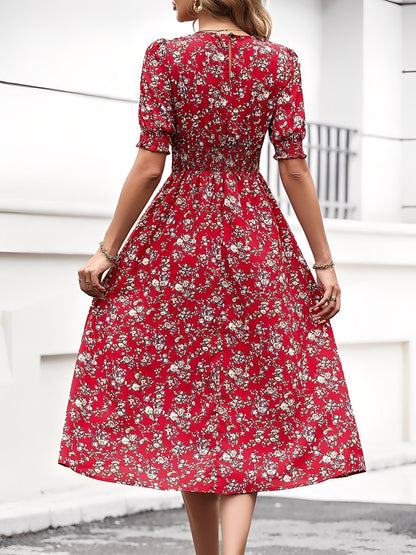 Elegant Red Floral Midi Dress for Women with Puff Sleeve Fitted Waist Side Slit Style