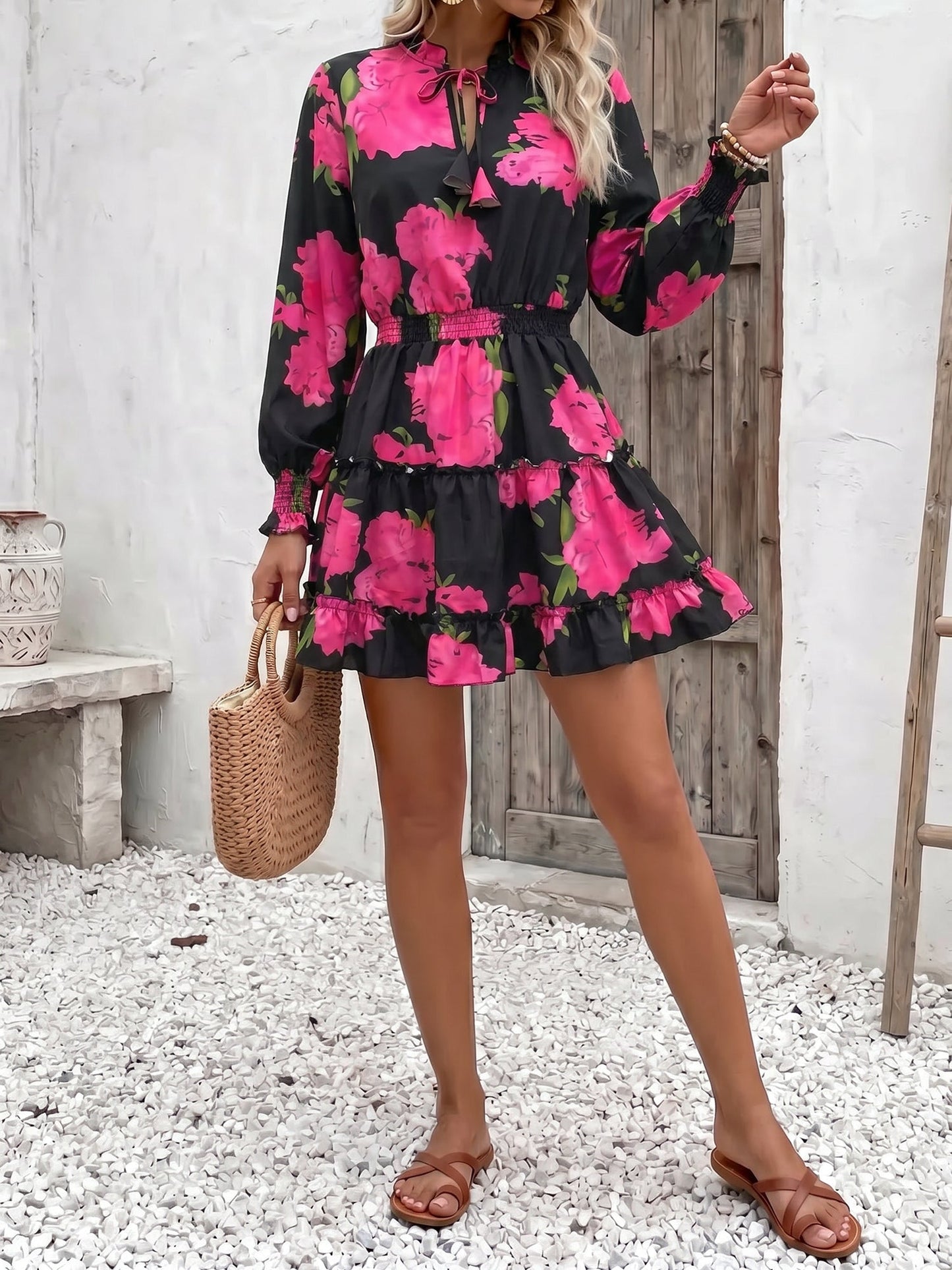 Effortless Floral Mini Dress for Women with V-Neck Long Sleeve Tiered Ruffle Style