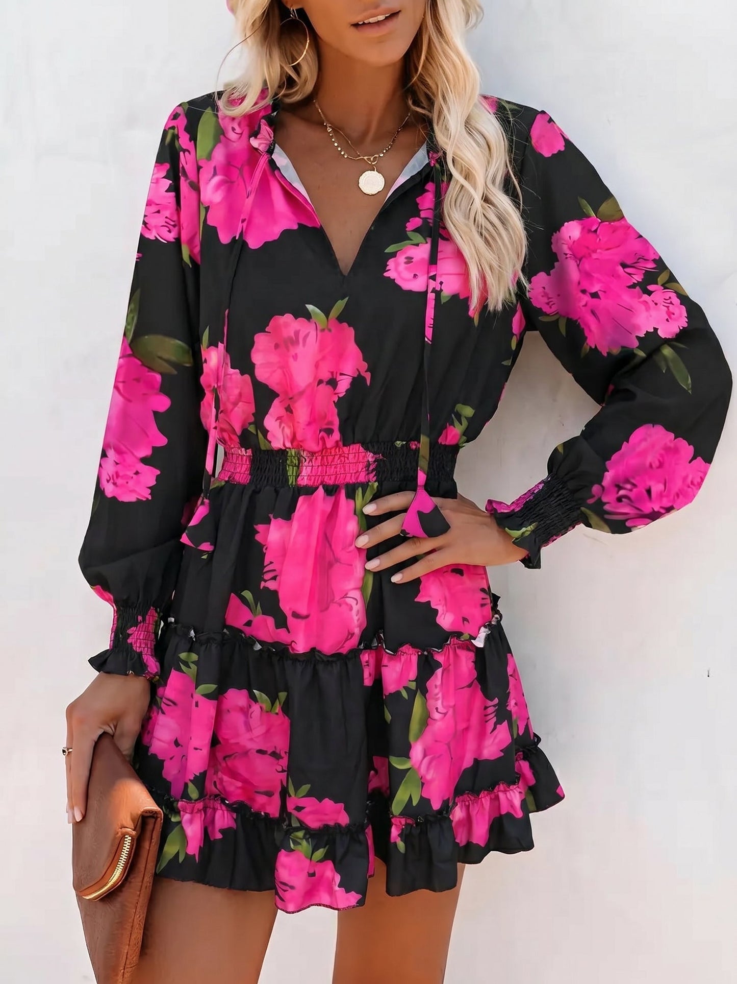 Effortless Floral Mini Dress for Women with V-Neck Long Sleeve Tiered Ruffle Style
