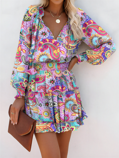 Effortless Floral Mini Dress for Women with V-Neck Long Sleeve Tiered Ruffle Style