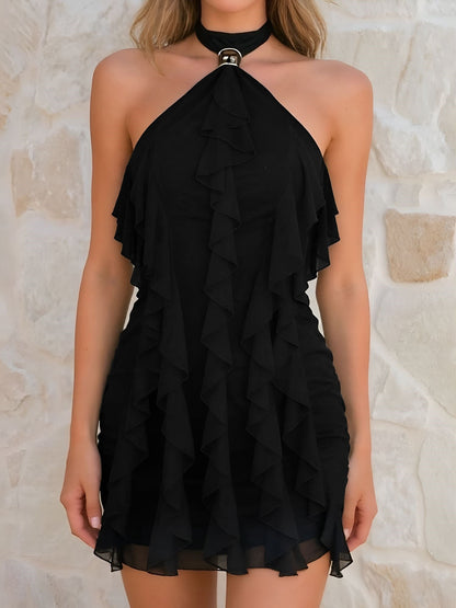 Elegant Tiered Ruffle Mini Dress for Women with Halter Neck Flowy Style
