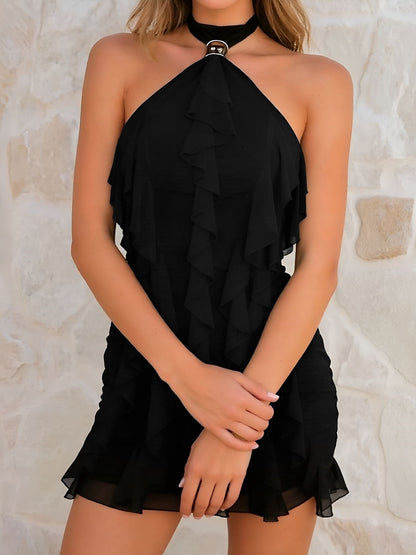 Elegant Tiered Ruffle Mini Dress for Women with Halter Neck Flowy Style