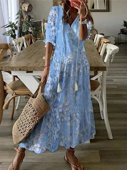 Stylish Geometric Dress for Women with V Neck Lantern Sleeve