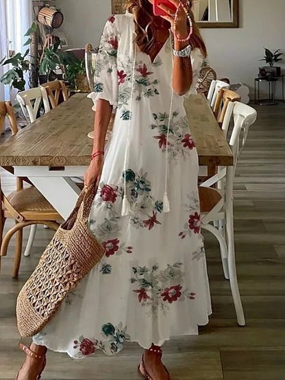Stylish Geometric Dress for Women with V Neck Lantern Sleeve