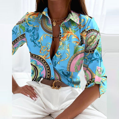 Effortless Printed Blouse for Women with Collared Casual Style