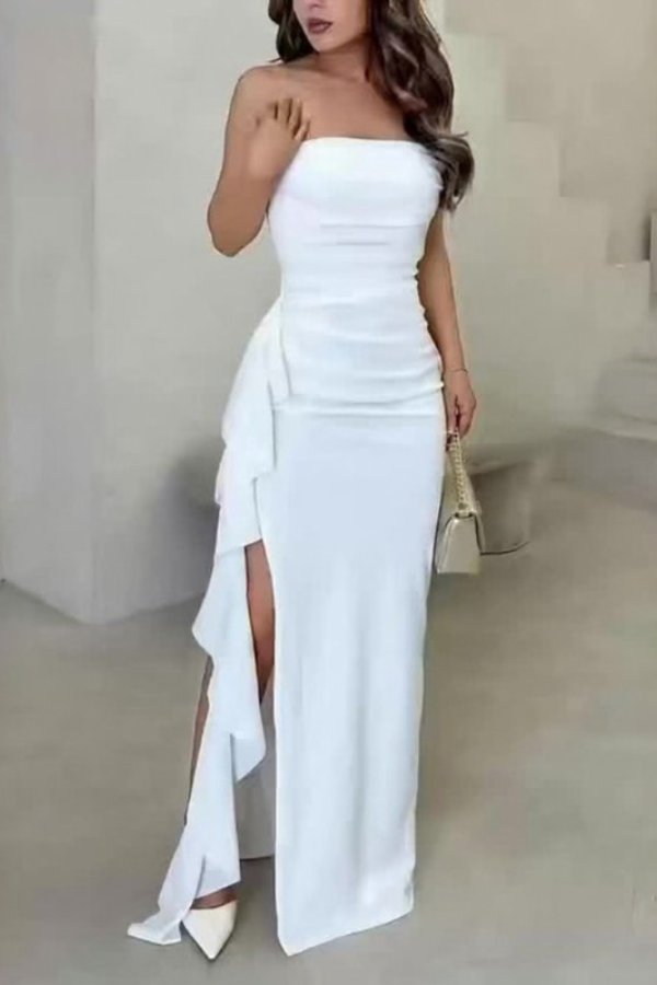 Elegant White Bodycon Maxi Dress for Women with Strapless Ruched Side Slit Style