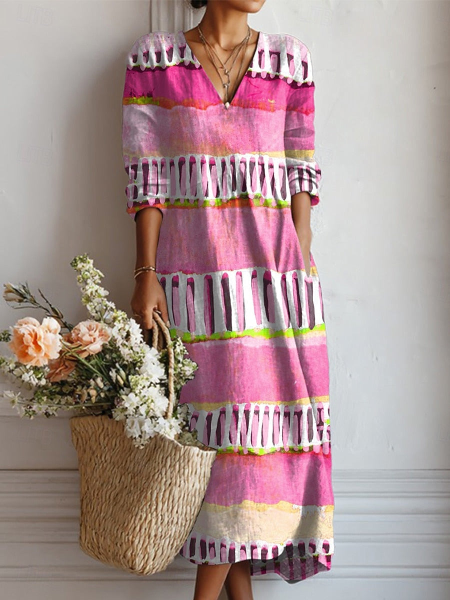Effortless Pink Striped Mini Dress for Women with V Neck